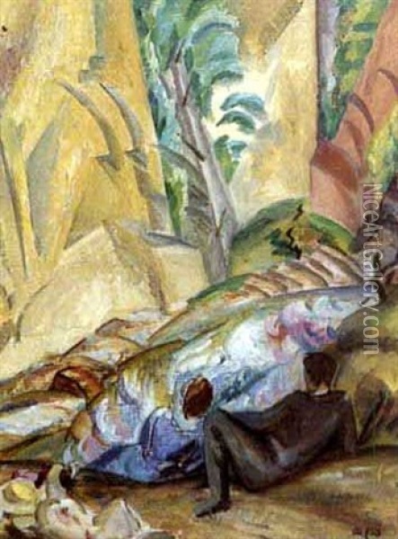 Kubistiskt Landskap Med Figurer Oil Painting - Georg Pauli