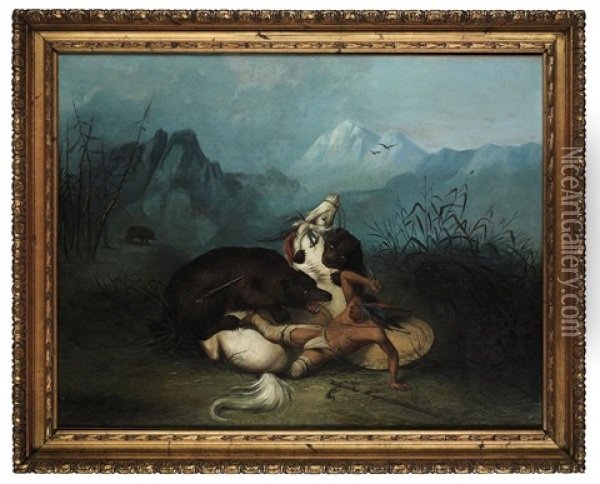 An Indian And His White Horse Attacked By Two Bears In A Mountainous Landscape Oil Painting - Alfred Jacob Miller