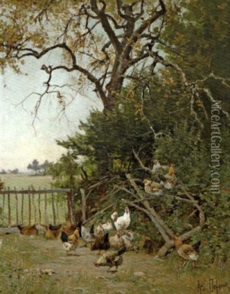 Coqs Et Poules Dans La Campagne Oil Painting - Alexandre Defaux