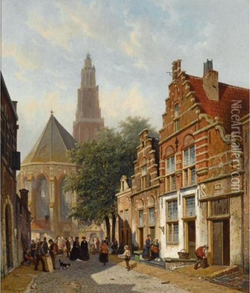 Elegant Figures In A Sunlit Dutch Town Oil Painting - Adrianus Eversen