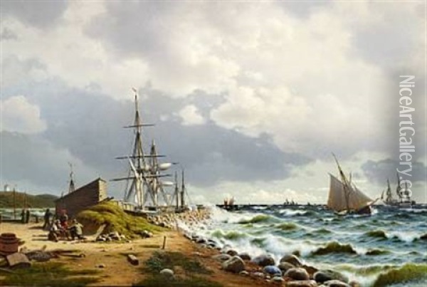 Coastal View With Numerous Sailing Ships At Sea Oil Painting - Christian Frederic Eckardt