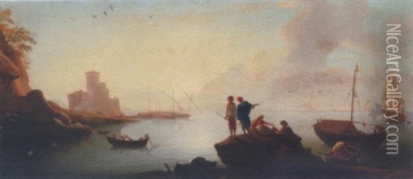 A Mediterranean Harbour Scene With Fishermen And A Man O'war Firing A Salute In The Distance Oil Painting - Adriaen Van Der Cabel