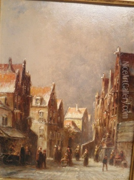 Figuren In Een Besneeuwde Straat Met Huizen Oil Painting - Pieter Gerardus Vertin