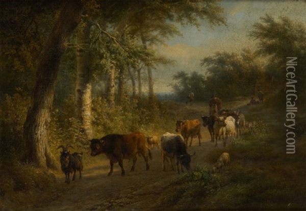 Troupeau De Vaches Et Moutons Dans Une Clairiere Oil Painting - Ildephonse Stocquart