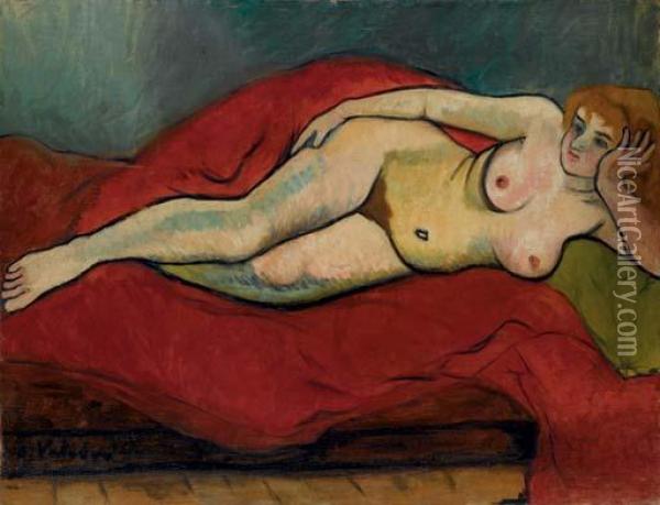 Nu Allonge A La Draperie Rouge Oil Painting - Suzanne Valadon