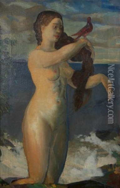 Girl & Bird Oil Painting - Arthur B. Davies