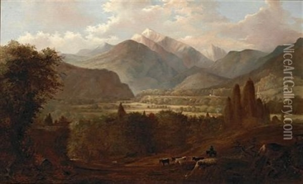 A Valley Landscape With Cattle And Snow-capped Mountains Beyond Oil Painting - Edwin Deakin