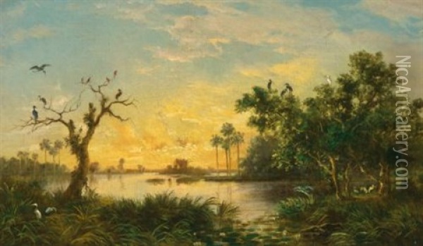 Laguna Al Atardecer Oil Painting - Esteban Chartrand