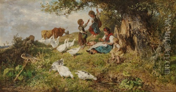 Dachau Farmers Wife With Children And Geese Oil Painting - Antonis Matteo Montemezzo