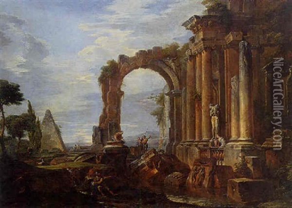 A Cappriccio Of Classical Ruins With The Pyramid Of Caius Cestius, An Arch, A Ruined Temple With Ionic Columns And A Statue Of Venus Oil Painting - Giovanni Paolo Panini