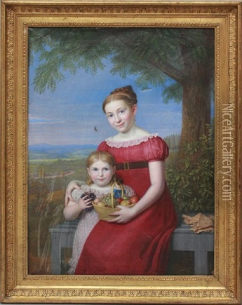 Biedermeierdarstellung Zweier Madchen: Emilie Neuhoff. Geb: 1814 Und Agnes Neuhoff Geb: 1823 Oil Painting - Georg Friedrich Adolf Schoener