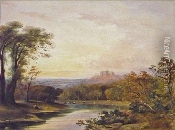 Watercolour River Landscape With A Castle Beyond Oil Painting - John Varley