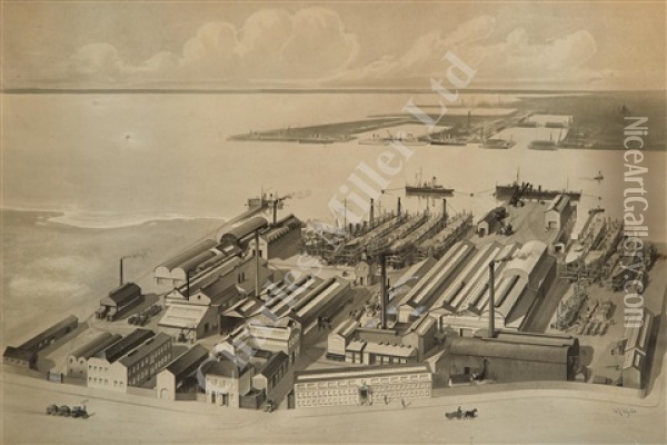 Perspective Of Thornycroft's Shipyard On The River Itchen Oil Painting - William Lionel Wyllie