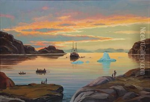 Sunrise At A Fjord In Greenland Oil Painting - Emanuel A. Petersen