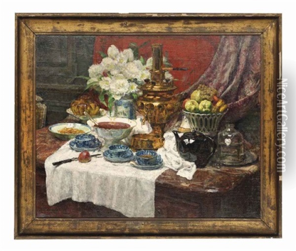 A Samovar With Fruit And Flowers Oil Painting - Pierre Maurice Eugene Tastemain