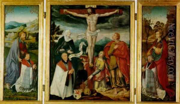 The Crucifixion And Donors Kneeling At The Foot Of The Cross Oil Painting - Bartholomaeus Bruyn the Elder