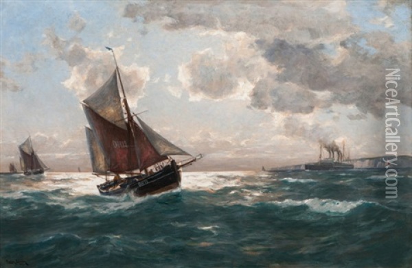 Fishing Boats And Ocean Liner Oil Painting - Erwin Carl Wilhelm Guenther
