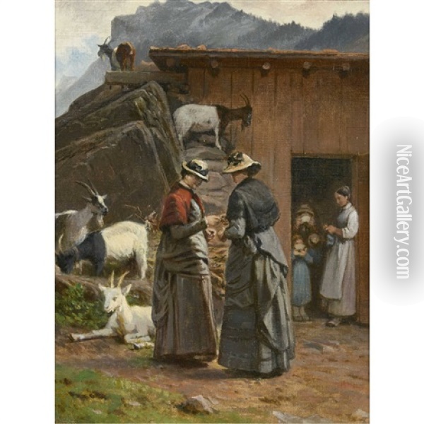 Zwei Damen Auf Der Alp Oil Painting - Johann-Joseph Geisser