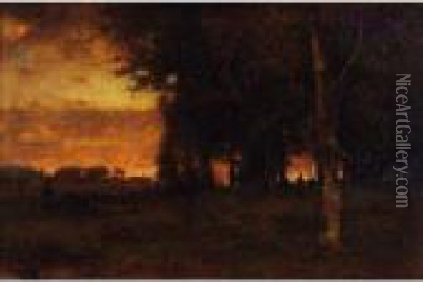 A Glowing Sunset Oil Painting - George Inness