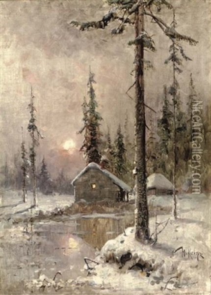 A Winter Scene With Snow-capped Cottages Oil Painting - Yuliy Yulevich (Julius) Klever