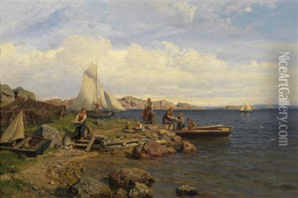Ankunft Der Fischer Am Meeresufer Oil Painting - Hans Frederick Gude