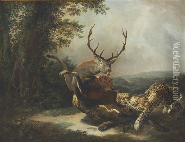 A Leopard Attacking A Stag In A Landscape Oil Painting - Carl Borromaus Andreas Ruthart