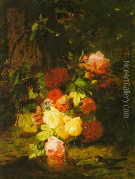 Still Life With Roses, Blackberries And A Bird In A Forest Glade Oil Painting - Jean-Baptiste Robie