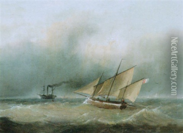 Ships On A Choppy Sea Oil Painting - Andreas Schelfhout