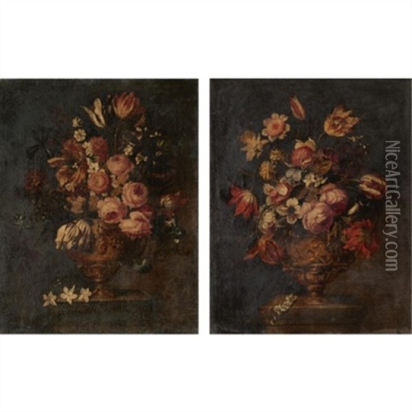 Still Lifes Of Various Flowers In Sculpted Urns, On Stone Plinths (pair) Oil Painting - Bartolome Perez