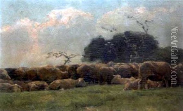 Berger Et Moutons Au Paturage Oil Painting - Frans Van Leemputten