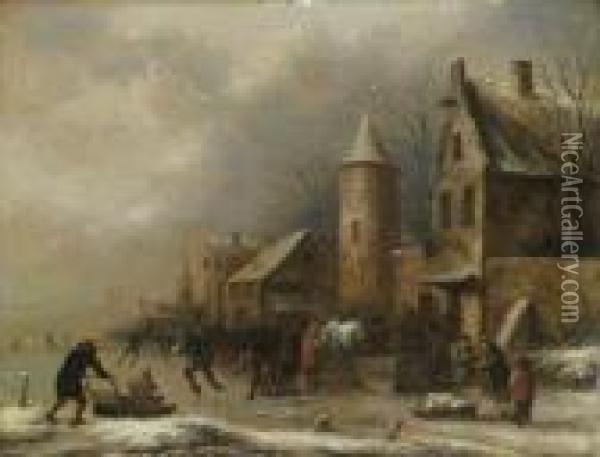 Peasants Skating On A Frozen River By An Inn By A Watchtower Oil Painting - Claes Molenaar (see Molenaer)