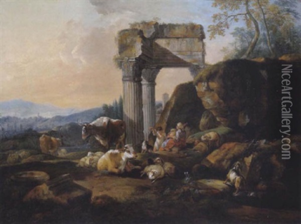 Eine Dudelsackspielende Hirtin Mit Ihrem Sohn Und Herde In Der Romischen Campagna Oil Painting - Johann Heinrich Roos