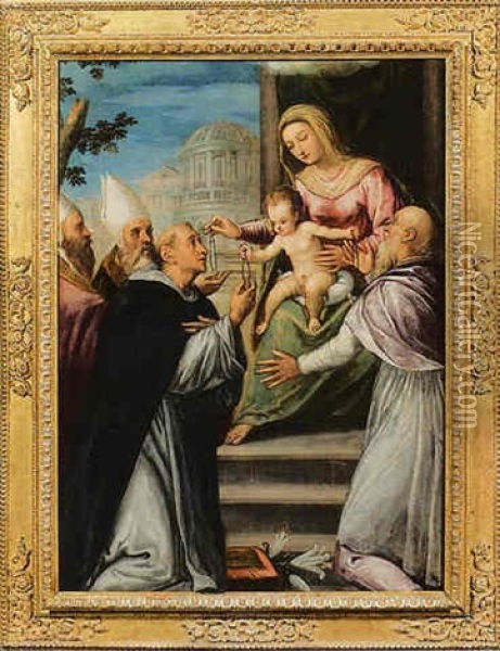 La Madonna E Il Bimbo Consegnano Il Rosario A San Domenico E Altri Santi Oil Painting -  Moretto da Brescia