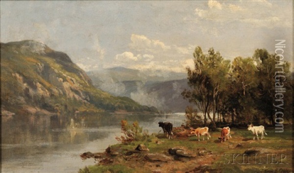 River Landscape With Cattle Oil Painting - Thomas Bigelow Craig