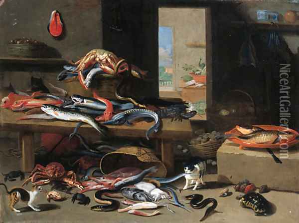 Cats chasing eel, octopus, crab falling from an upturned basket, with a crayfish, sturgeon and other fish on a table nearby Oil Painting - Jan van Kessel