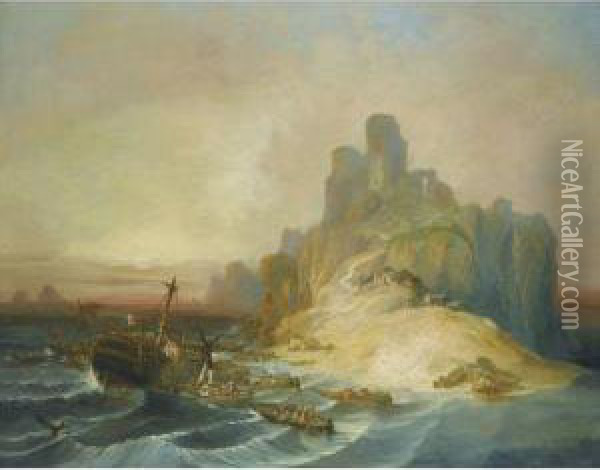 Naufragio En La Costa (shipwreck Off The Coast) Oil Painting - Eugenio Lucas Velasquez