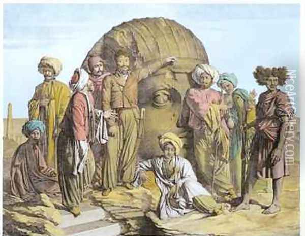 Monsieur Drovetti and his followers using a plumb line to measure a colossal head in the Egyptian desert Oil Painting - Granger