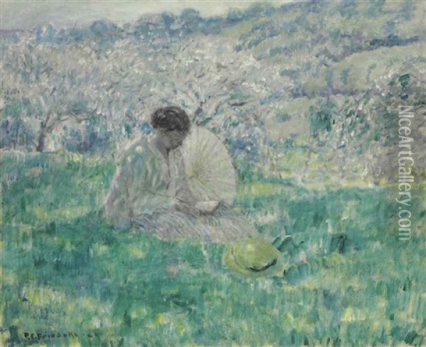 Spring (girl Reading) Oil Painting - Frederick Carl Frieseke