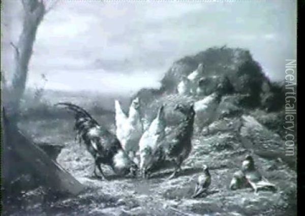 A Cockerel, Hens And Wood                                   Pigeons In A Farmyard Oil Painting - Eugene Remy Maes