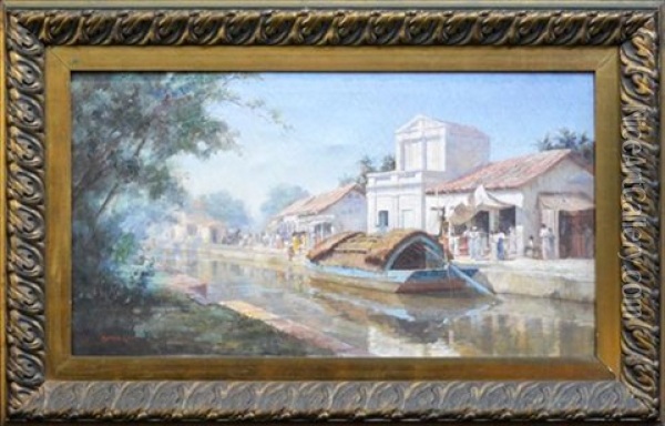 Barges On The Canal, Java, C Oil Painting - Alfred Coffey