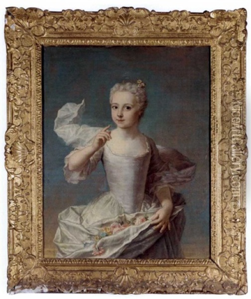 Portrait Of A Young Girl, Three-quarter Length, Wearing A White Silk Dress Holding A Bunch Of Flowers, Said To Be Jacquette Dors De Latours (nee Jacquette Colombe De Boquart) Oil Painting - Marianne Loir