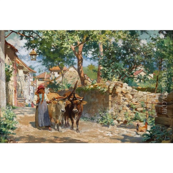 Dorfpartie Mit Bauerin Und Rindern Oil Painting - Luigi Cima