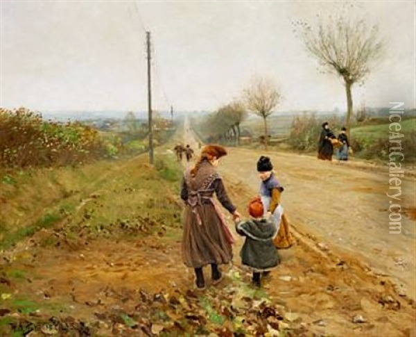 The First Steps, Little Sister Gets Help From Her Big Sisters Oil Painting - Hans Andersen Brendekilde