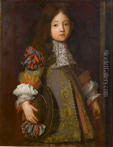 Portrait Of A Young Boy Three-quarter-length, In Grey Embroidered Costume Decorated With Ribbons, A White Lace Jabot And Holding A Black Ribboned Hat Oil Painting - Henri Gascars