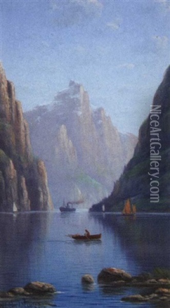 Scandinavian Fjord Landscape With Fishing Boats (+ Another; Pair) Oil Painting - Nils Hans Christiansen