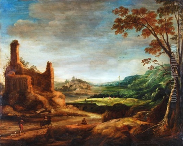 Hugelige Landschaft Mit Ruine Und Figurenstaffage Oil Painting - Joos de Momper the Elder