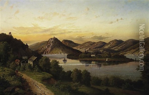 Abendstimmung Bei Nonnenwerth Am Rhein. Im Hintergrund Der Drachenfels Oil Painting - Heinrich Eduard Heyn