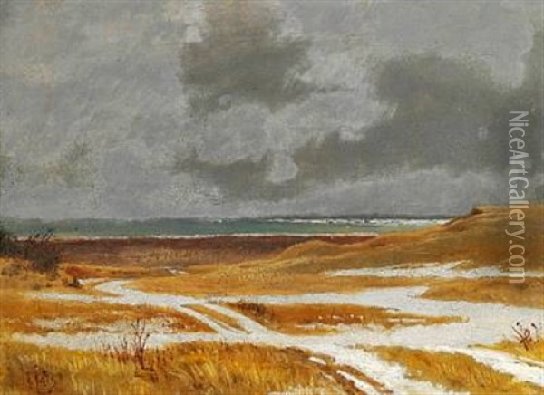 Marker Med Sne, I Baggrunden So (study) Oil Painting - Johan Thomas Lundbye