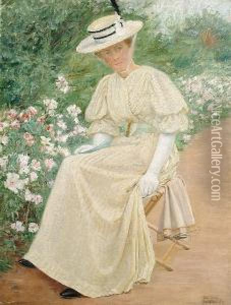 A Lady Seated In A Garden Oil Painting - S. Tremblay