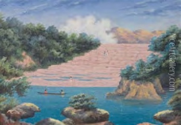 The Pink Terraces; The White Terraces (2 Works) Oil Painting - John Philemon Backhouse